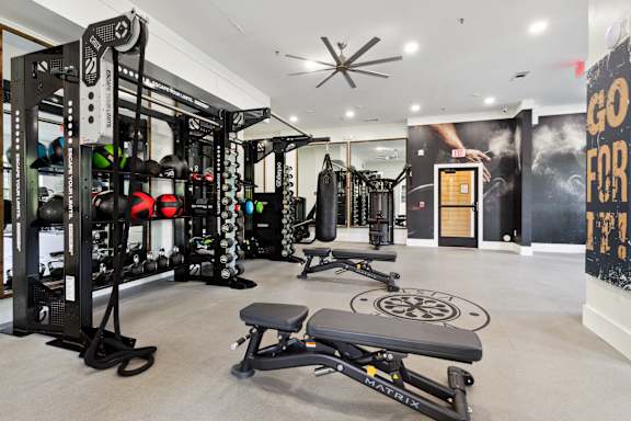 A gym with a variety of equipment including a squat rack, bench, and weights.