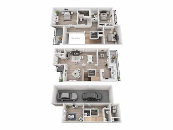 Three floor plans of a house with a garage on the bottom floor.