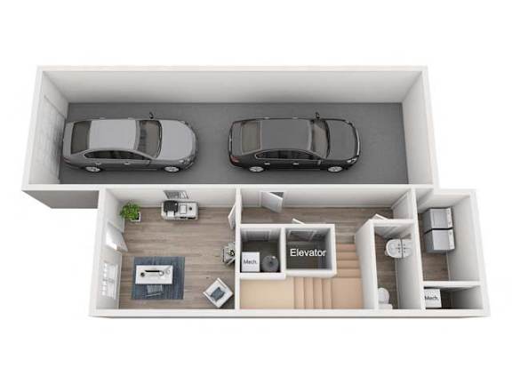 A top-down view of a house interior with two cars, a kitchen, a living room, and an elevator.