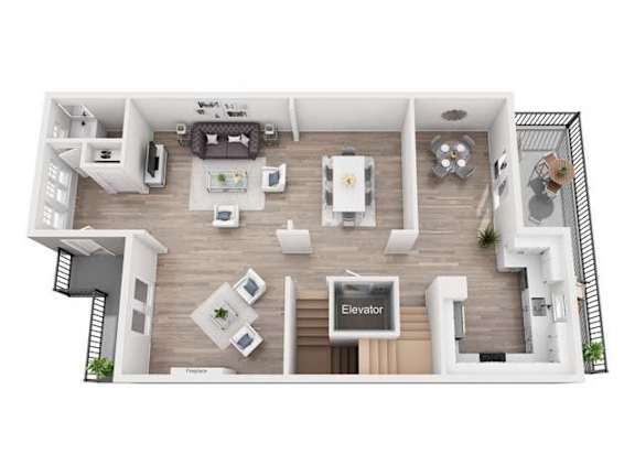 A top-down view of a modern apartment layout with a central elevator.