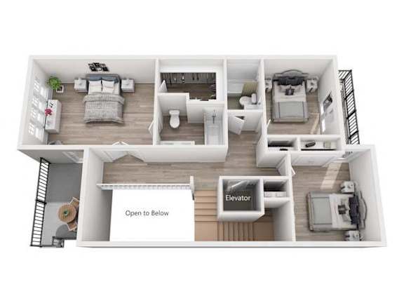A 3D floor plan of a house with an elevator.