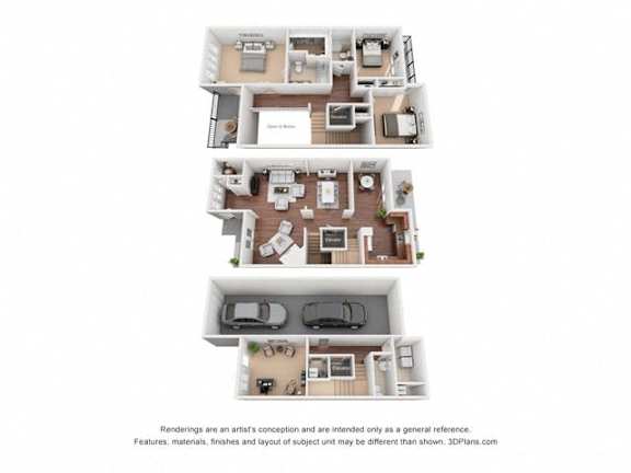 A 3D floor plan of a house with three bedrooms, a living room, a kitchen, and a garage.