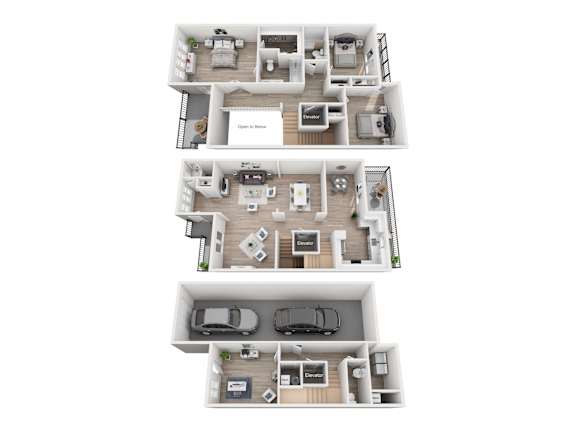 A 3D floor plan of a house with three bedrooms, two bathrooms, a living room, a kitchen, and a garage.