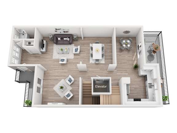 A top-down view of a modern apartment layout with a central elevator.