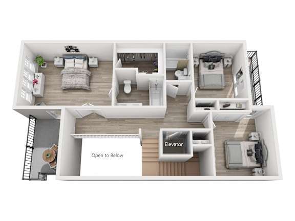 A 3D floor plan of a house with an elevator.