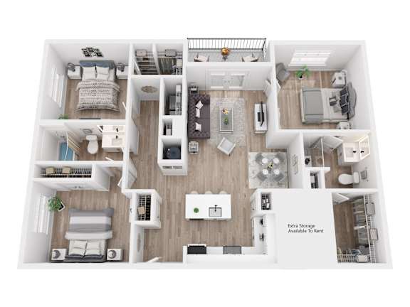 A top-down view of a well-organized apartment layout with labeled extra storage available to rent.