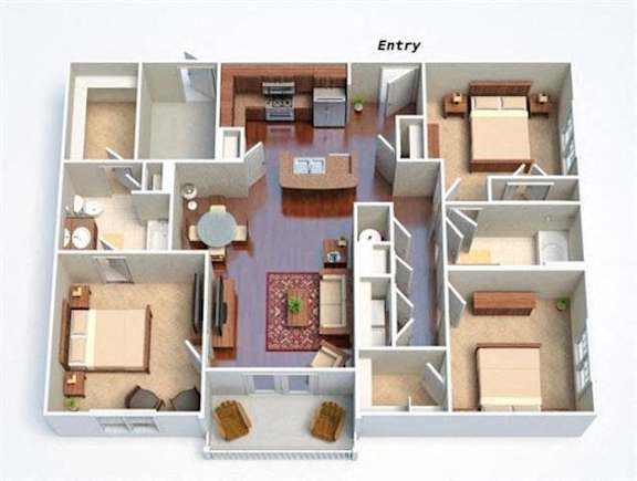 A 3D floor plan of a house with labeled rooms.