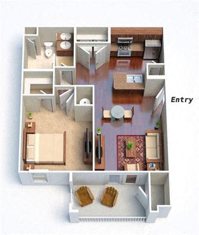 A floor plan of a house with a living room, kitchen, and two bedrooms.