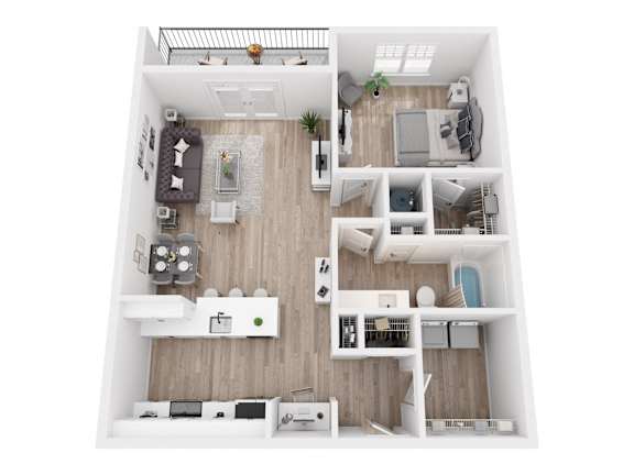 Floor Plan  A top-down view of a modern apartment with a kitchen, living room, and bedrooms.