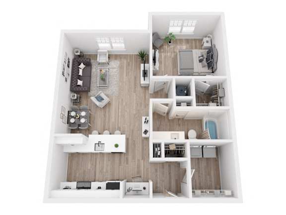 A top-down view of a modern apartment layout with a kitchen, living room, and bedrooms.