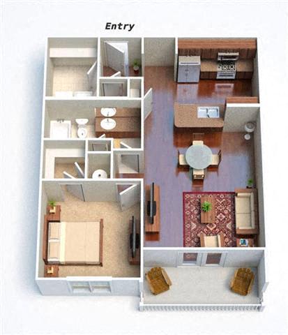A floor plan of a house with an entry, living room, dining room, kitchen, and two bedrooms.