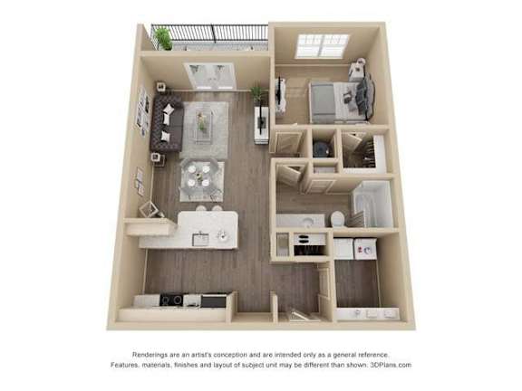 A 3D floor plan of a small apartment with a kitchen, living room, and bathroom.