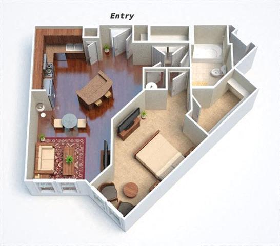 A 3D floor plan of a house with an entry point.
