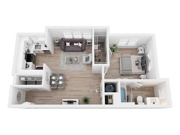 A top-down view of a modern apartment layout with a living room, kitchen, and bedrooms.