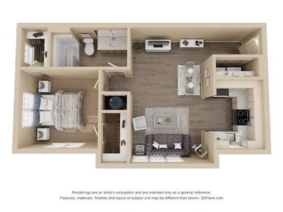 A 3D floor plan of a small apartment with a living room, kitchen, and bedroom.