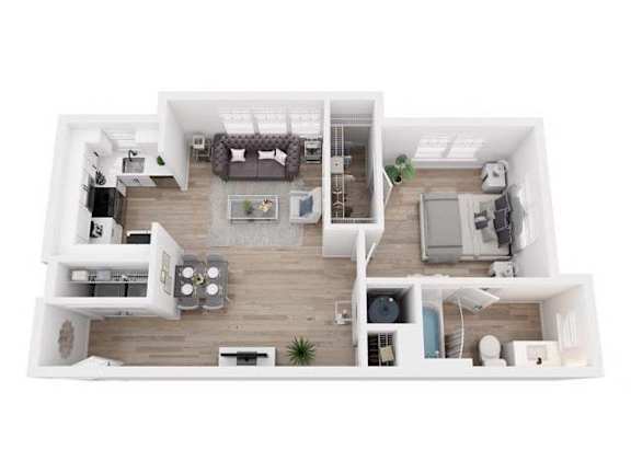 A top-down view of a modern apartment layout.