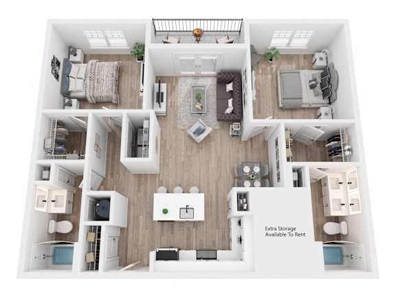A top-down view of a well-organized apartment layout with a kitchen, living room, and bedrooms.