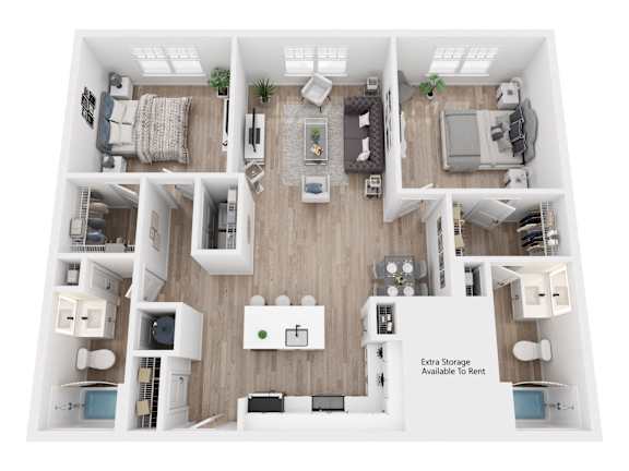 A top-down view of a small apartment layout with a note indicating extra storage is available to rent.