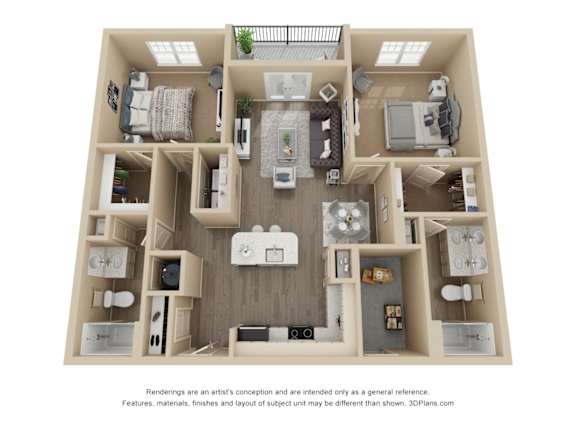 A 3D floor plan of a house with a kitchen, living room, and bedrooms.