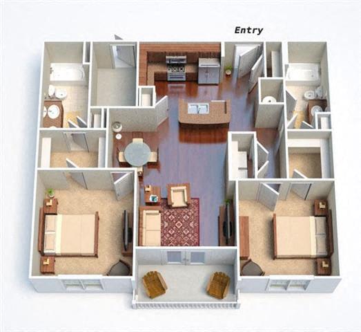 A floor plan of an apartment with a kitchen, living room, and two bedrooms.