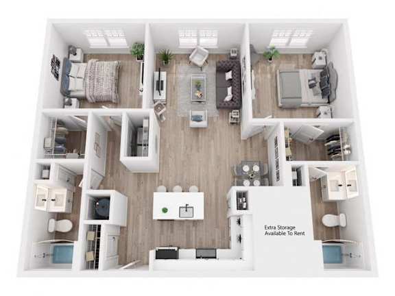 A top-down view of a small apartment layout with labeled extra storage available to rent.