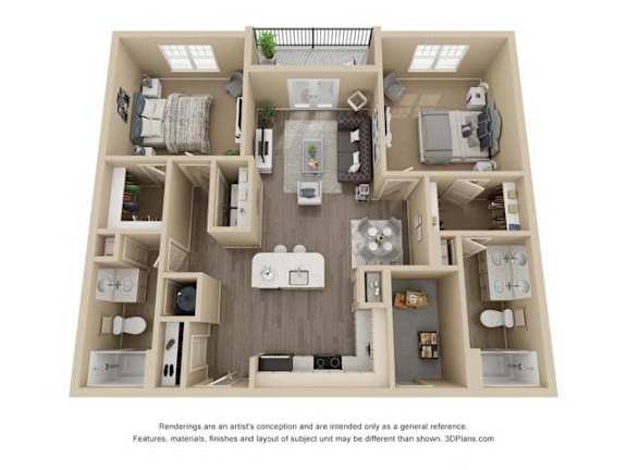 A 3D floor plan of a small apartment with a kitchen, living room, and bedroom.