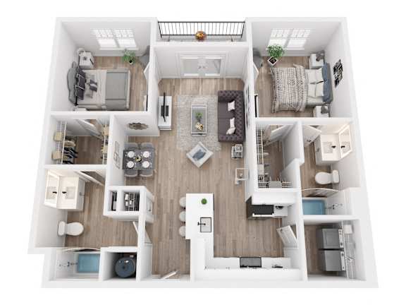 A top-down view of a modern apartment layout with a kitchen, living room, and bedrooms.