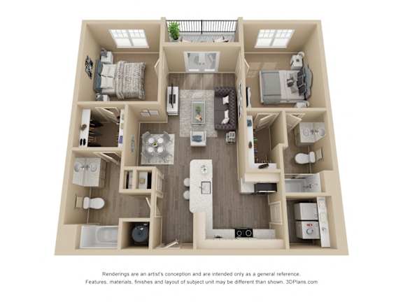 A 3D floor plan of a small apartment with a kitchen, living room, and bathroom.