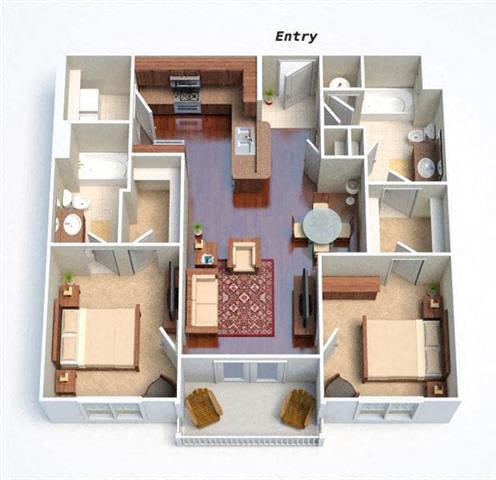 A floor plan of an apartment with a living room, kitchen, and two bedrooms.