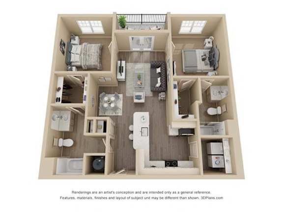 A 3D floor plan of a house with a kitchen, living room, and bathrooms.