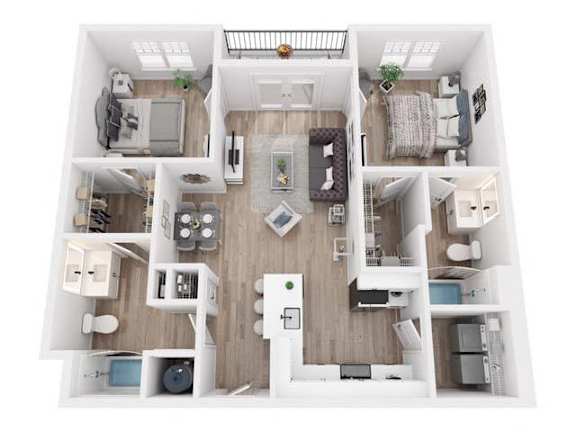 A top-down view of a small apartment with a kitchen, living room, and bedroom.