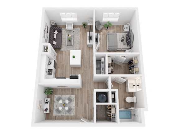A top-down view of a small apartment with a kitchen, living room, and bedroom.