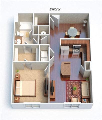 A floor plan of a small apartment with a bedroom, living room, and kitchen.