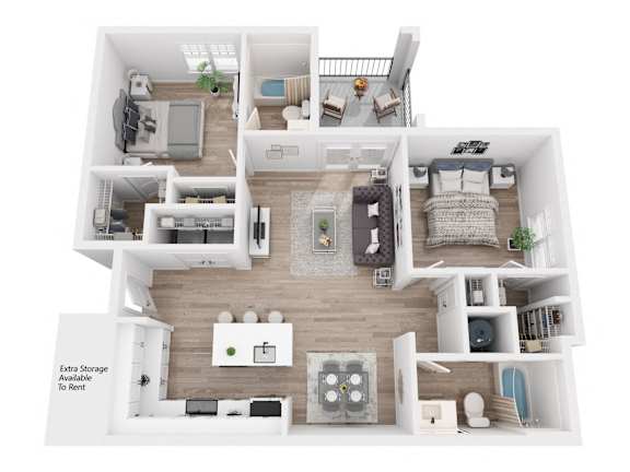 A 3D floor plan of a house with labeled extra storage available to rent.