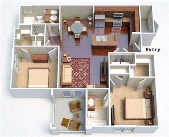 A floor plan of a house with a living room, kitchen, and two bedrooms.