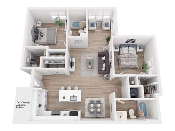 A 3D floor plan of a house with labeled rooms.