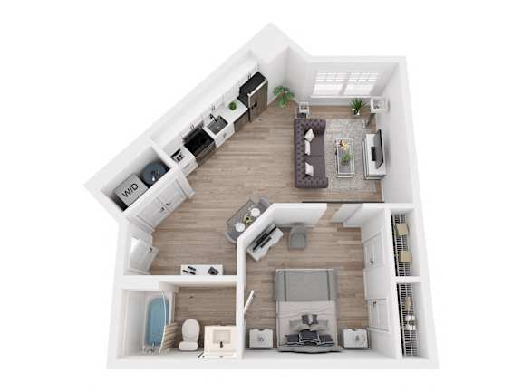 A top-down view of a house interior with a kitchen, living room, and bathroom.