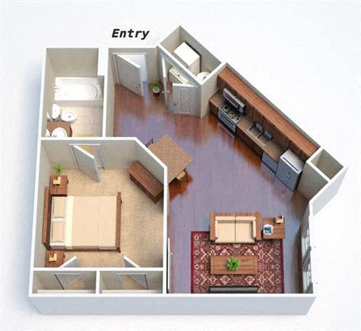A floor plan of a small apartment with a bedroom, living room, and kitchen.