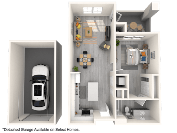 Floor Plan  A car is parked in a detached garage.