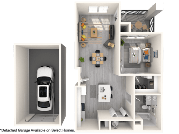 A modern, white-themed interior design of a garage and living space.