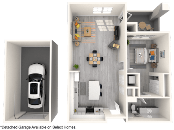 A 3D rendering of a house with a detached garage available on select homes.