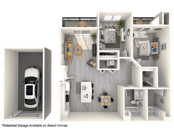 Floor Plan  A 3D floor plan of a house with a detached garage.