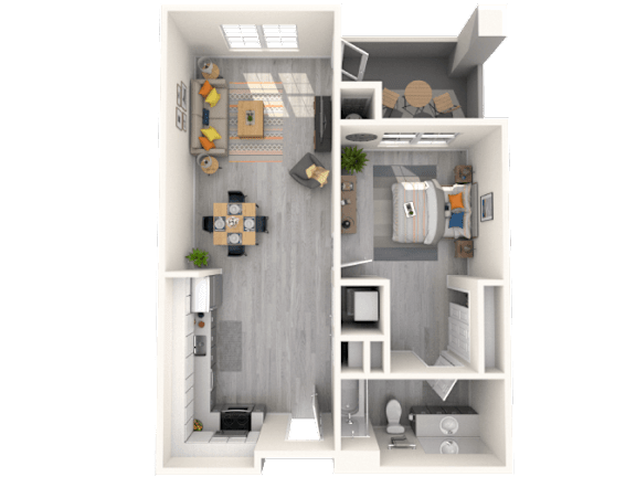 A 3D rendered image of a small, modern apartment.