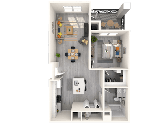 A 3D rendered image of a small apartment layout.