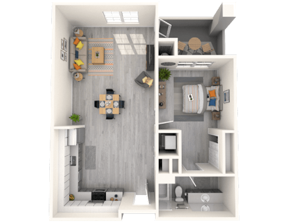 A 3D rendered image of a small apartment layout.