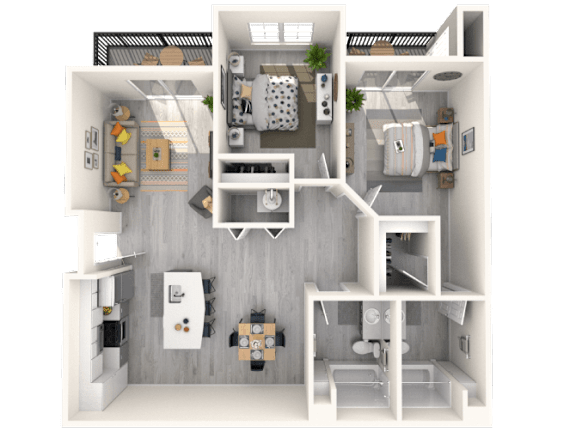 A 3D floor plan of a small apartment with a kitchen, living room, and bathroom.