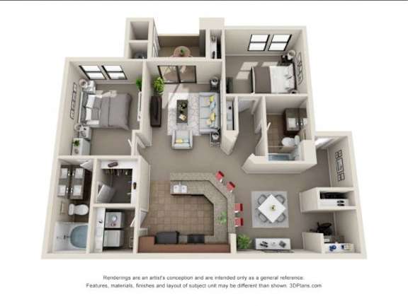 Floor Plan  A 3D floor plan of a house with a kitchen, living room, and bedrooms.