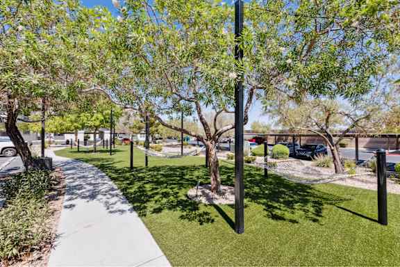 A tree-lined sidewalk in a sunny, grassy area.