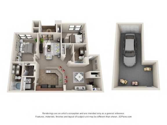 A 3D floor plan of a house with a garage.