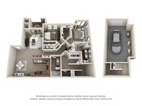 A floor plan of a two-bedroom apartment with a living room, kitchen, and bathroom.